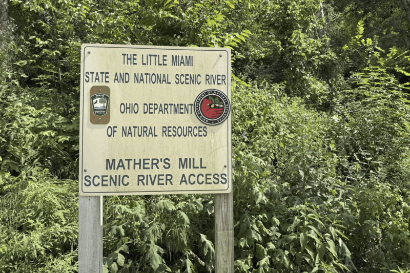 A sign for the Ohio Department of Natural Resources is seen along the Little Miami River, Thursday, Aug. 7, 2025, in Oregonia, Ohio. (AP Photo/Patrick Aftoora-Orsagos)