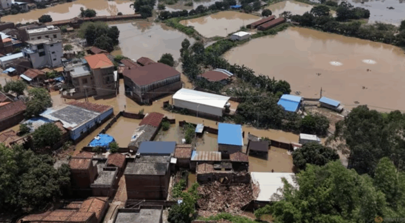 A drone view shows flooded houses and fish farms after days of heavy rainfall, in Qingyuan, Guangdong province, China, on Aug 8, 2025. Parts of China have seen flash floods after heavy rain, with state media reporting on Aug 8, 2025
