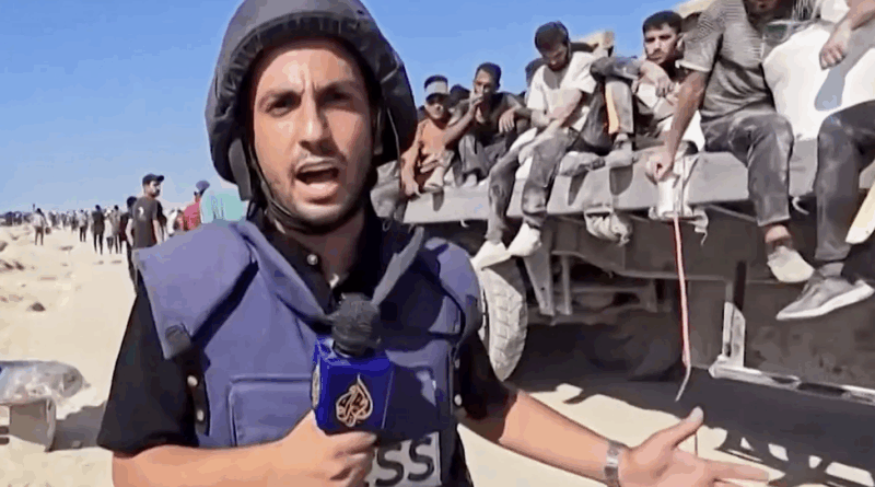 This undated recent image, taken from video broadcast by the Qatari-based television station Al Jazeera, shows the network's Arabic-language Gaza correspondent, Anas al-Sharif, reporting on camera in Gaza. Al-Sharif and four other Al Jazeera staff members were found dead following an Israeli drone strike on their tent in Gaza City shortly before midnight on Sunday. (Al Jazeera via AP)