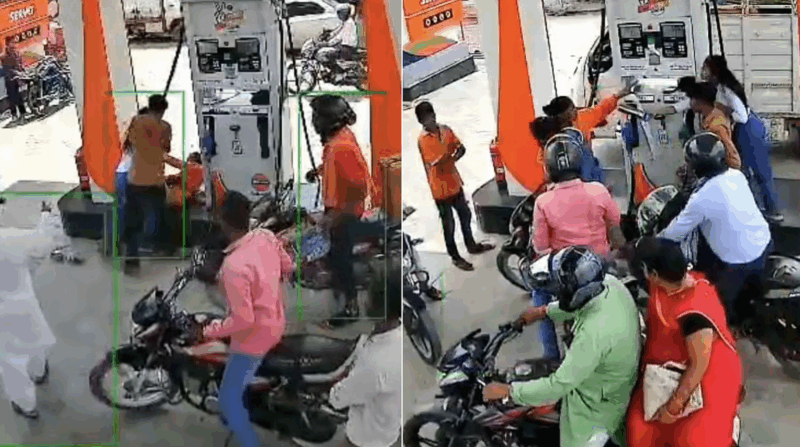 Chaos At Gorakhpur Fuel Pump Over ‘No Helmet, No Petrol’ Rule; Woman Attacks Staff With Bottle, Slippers (Screengrab) | X/@bstvlive
