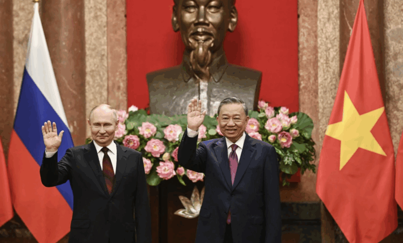 Russian President Vladimir Putin, left, and Vietnam’s President To Lam pose for photos at the Presidential Palace in Hanoi, Vietnam on June 20, 2024. (Nhac Nguyen/Pool Photo via AP, File)