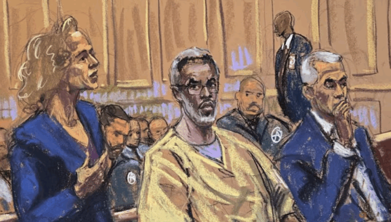Sean "Diddy" Combs sits beside Brian Steel as he listens as lawyer Alexandra Shapiro argues during a hearing over his bid to overturn his conviction on charges of transportation to engage in prostitution, at a courtroom in New York, U.S., September 25, 2025 in this courtroom sketch. REUTERS/Jane Rosenberg